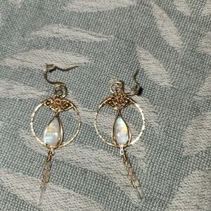 Gold and Silver Hoop Earrings with Iridescent Stone and Floral Accent